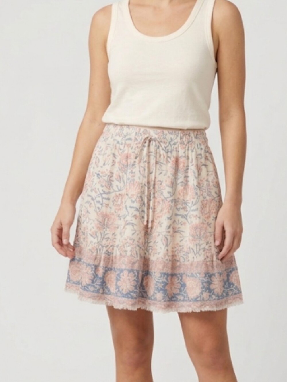 Flag & Anthem Floral Tiered A-Line Mini Skirt in Cream and Blue Cottagecore Sz S